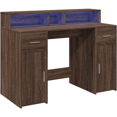 Image of vidaXL Brown Oak Desk with RGB LED Lights and Ample Storage Engineered Wood, 120x55x91cm Office/Gaming Table