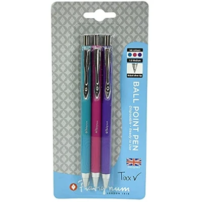 Image of Platignum Tixx Multicoloured Ballpoint Pen [Pack of 3] Soft Grip Barrel with Hybrid Gel Ink for Smudge Free and Ultra Smooth Writing [50502]