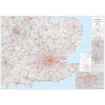 Image of Large Southeast England &amp; Midlands Postcode Wall Map Covering Birmingham, Bristol And London City Plan Inlays, County Boundaries, Motorways, Primary &#039;A&#039;+&#039;B&#039; Roads, Towns, Cities