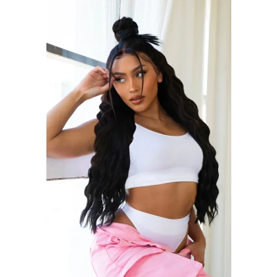 Image of Lullabellz Super Thick Waist Length Wavy Clip In Hair Extensions 5 Piece, 26 Inch Length, Natural Black