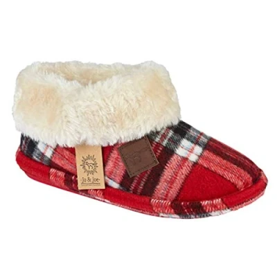 Image of Jo &amp; Joe Ladies Chiltern Faux Suede Sheepskin Fur Collar Fleece Lined Bootee Slippers Size 3 8 (6 UK, Red Tar.tan)