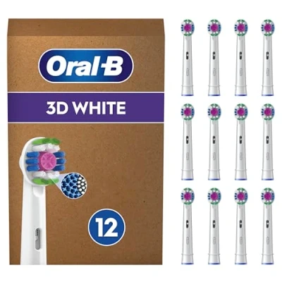 Image of Oral B 3D White Electric Toothbrush Head with CleanMaximiser Technology, Angled Bristles for Deeper Plaque Removal, Pack of 12 Heads,