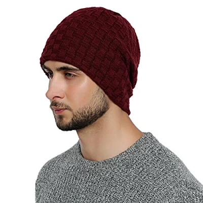 Image of DonDon Beanie hat Men Winter Long Slouch Knit Knitted with Fleece Lining Dark red