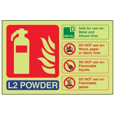 Image of V Safety Glow In The Dark L2 Powder Id Fire Extinguisher Sign 150mm x 100mm Self Adhesive Vinyl