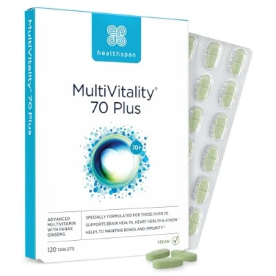 Image of Healthspan Multivitamin 70 Plus (120 Tablets) Vitamin C &amp; D3 Brain, Heart, Bone Immunity Health Ginseng, Bioflavonoids Acetyl L carnitine Vegan