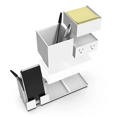Image of Bostitch Office Konnect Desk Organizer and Charging Station, 2 USB Ports &amp; Plugs, Charges Phones Tablets, Pencil Cup, 4 Piece Design, White