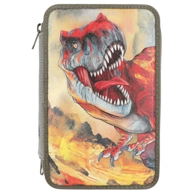 Image of Depesche 13135 Dino World Filled 3 Compartment Pencil Case in Olive Green, Motif with 3D Effect, Coloured Pencils, Ruler, Scissors and Much More