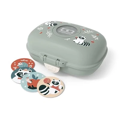 Image of monbento Kids Snack Box MB Gram Raccoon for Boys &amp; Girls Ideal Lunches or Snacks at School/Park BPA Free Food Grade Safe Green