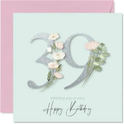Image of 39th Birthday Cards for Women Fancy Floral Flowers Happy Card 39 Year Old Woman Colleague Wife Daughter Niece, 145mm Bday Greeting