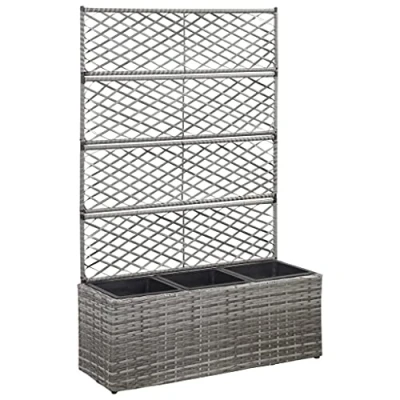 Image of vidaXL Raised Bed with Trellis and 3 Removable Pots Poly Rattan Grey Outdoor Garden Planter Weather Resistant Durable