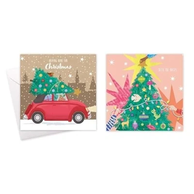 Image of Tallon Festive Wonderland Square Xmas Christmas Cards, Box of 10, Assorted Designs (XCA0202 Kraft Tree/Car)