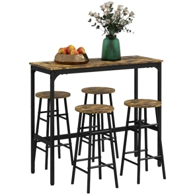 Image of HOMCOM 5 Piece Bar Table Set with 4 Stools, Industrial and Stool Set, Dining Chair for Small Space, Rustic Brown