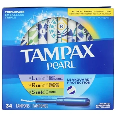 Image of Tampax Pearl Tampons, Light/Regular/Super Absorbency with LeakGuard Braid, Triple Pack, Unscented, 34 Count