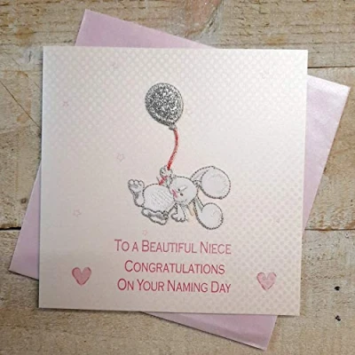 Image of WHITE COTTON CARDS To A Beautiful Niece Congratulations, Hand Finished Naming Day Card (Balloon Bunny)