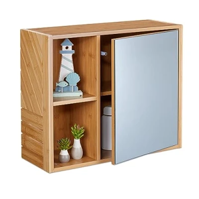 Image of Relaxdays Mirror Bathroom Cabinet, 2 Open Compartments, Storage Space with Door, HxWxD: 45 x 54.5 20 cm, Natural, Engineered Wood Bamboo Glass