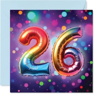 Image of 26th Birthday Cards for Men Women Rainbow Foil Balloon Happy Card 26 Year Old Man Woman Wife Daughter Auntie Son, 145mm Bday Greeting