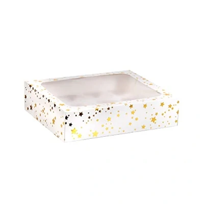 Image of Anniversary House Cupcake Box with Window and Removable 12 Hole Insert, Gold Star Foil Print, Easy Assembly, 7.5 x 25 31 CM, J106