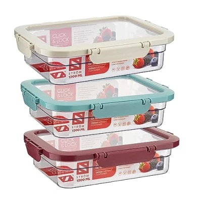 Image of Homeshopa Airtight Food Storage Containers with Lid, Plastic Leak Proof Kitchen &amp; Pantry Containers, Reusable Meal Prep Microwave Freezer Safe BPA Free Box (1.3 Litre Red,Blue,White)