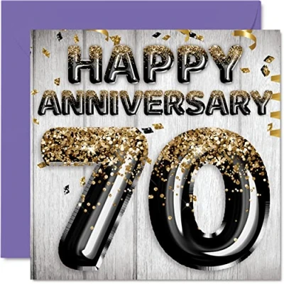 Image of Awesome Platinum Anniversary Card for Husband Boyfriend Wife Girlfriend Black Gold Glitter Balloon Happy 70th Cards from Family, 145mm x Greeting Seventieth Anniversaries
