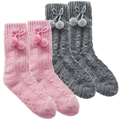 Image of Metzuyan Ladies Knitted Lounge Socks Warm Winter Bed with Sherpa Lining and Pom Poms 2 Pairs UK 4 8