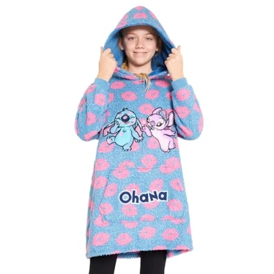 Image of Disney Stitch Fleece Hoodie Blanket for Kids and Teenagers One Size Fluffy Oversized Gifts (Blue Stitch/Angel)