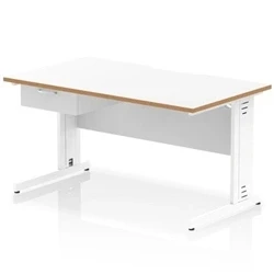 Image of Oslo 1400 x 800mm Edge Office Desk White Top Natural Wood Cable Managed Leg Workstation 1 Drawer Fixed Pedestal