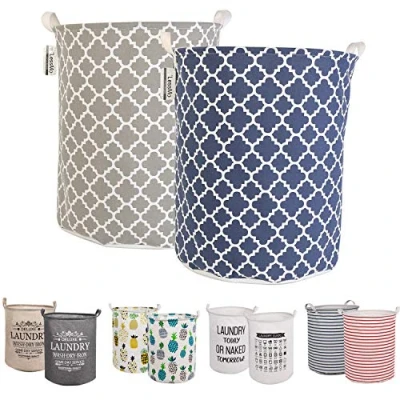 Image of LessMo 2Pcs 17.7&quot; Laundry Hamper, Collapsible Storage Basket With Easy Carry Handles, Waterproof Round Cotton Linen, for Baby Products, Toys, Bedroom Hamper