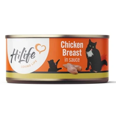 Image of HiLife Adult Wet Cat Food Tins, Chicken Breast in Sauce, Complete Tinned Food, 100% Natural &amp; Grain Free (12 x 70g Cans)