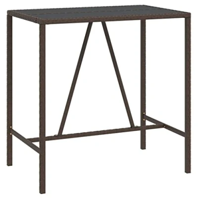 Image of vidaXL Modern Poly Rattan Rectangular Bar Table with Black Tempered Glass Top, Weather Resistant Frame, Brown, Perfect for Garden/Patio/Living Room