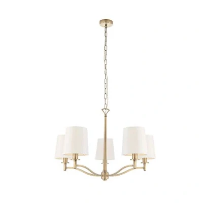 Image of Rowan Decorative 5 Way Branch Arm Matt Antique Brass E14 LED Compatible Pendant Ceiling Light with White Fabric Shades 740mm