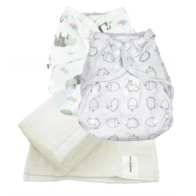Image of MuslinZ 6 pack Prefold Muslin Nappies White (Size 2, White/Print Bundle)