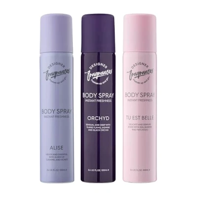 Image of Designer Fragrances 3 Pack Assorted Aromas Bundle Tu Est Belle, Orchyd, Alise Women&#039;s Body Spray Deodorant Cans For Instant Freshness on The Go Long Lasting Smell, Great Gifts 100ml