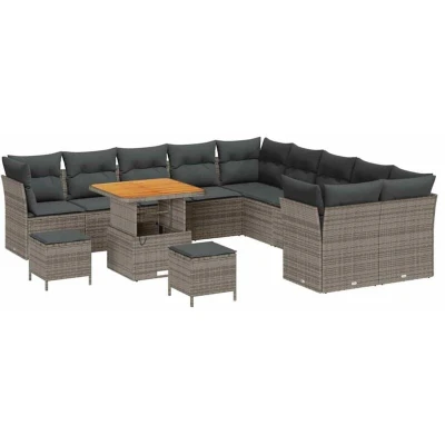 Image of vidaXL 13 Piece Garden Sofa Set with Cushions Grey Poly Rattan Acacia