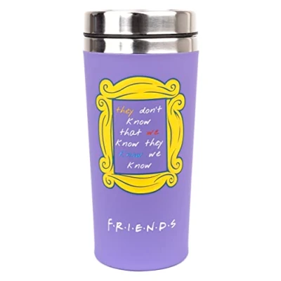 Image of Friends Travel Mug 450ml/15.5oz Purple Double Wall Stainless Steel Temperature Control for Up to 5 hrs Featuring Iconic Door Viewer Imagery &amp; Screw Top Lid