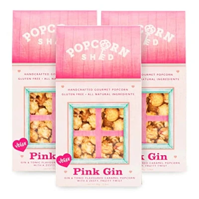 Image of Popcorn Shed 3 x Pink Gin Gourmet Popcorn, Gift Box, Alcoholic Gluten Free, Natural, Vegan Movie Night Snack, 80 g