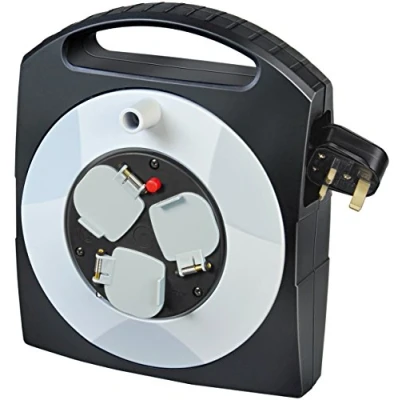Image of Brennenstuhl Primera Line 3 way socket cable box (10m extension cable, standing or flat use), small reel with handle, colour: black