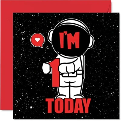 Image of 1st Birthday Card Unisex Space Astronaut Happy 1 Year Old Son Daughter Brother Sister Grandson Granddaughter Niece Nephew Cousin, 145mm x First Bday Greeting