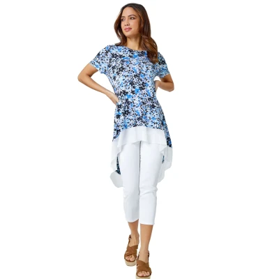 Image of Roman Originals Chiffon Dipped Hem Top Asymmetric Tunic for Women UK Ladies Stretchy Jersey Flared Blouse Smart Fit &amp; Flare Form Casual Loose Longline Party Hanky Tunics Blue Size 10
