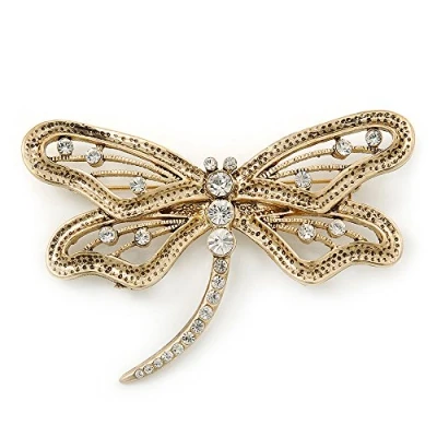 Image of Avalaya Large Crystal &#039;Dragonfly&#039; Brooch in Gold Tone 75mm Width