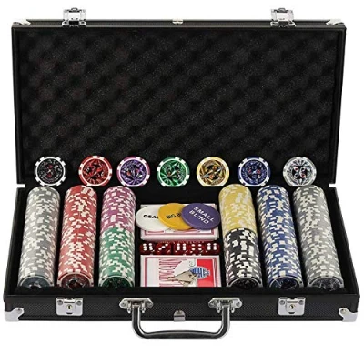 Image of display4top 300 Piece Texas Holdem Poker Chips Set with Aluminum Case,2 Decks of Cards, Dealer, Small Blind, Big Blind Buttons and 5 Dice (300 Chips)