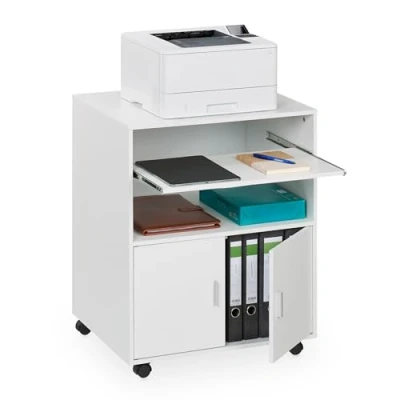 Image of Relaxdays Mobile Office Pedestal with 2 Compartments &amp; Keyboard Tray, Printer Stand on Wheels, 74 x 60 48 cm, White, Fibreboard