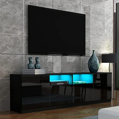 Image of TV Stand Cabinet Modern Black Gloss Unit Sideboard with LED Lights 180CM, 4 Drawers and 2 Doors, for Bedroom Living Room Home Furniture