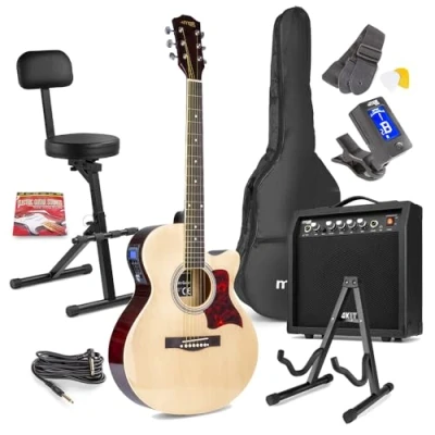 Image of Max SHOWKIT Beginner Electro Acoustic Guitar Bundle Natural Finish with 40W Amp, Stool &amp; Stand, Built in EQ, Tuner, Lessons Essential Accessories