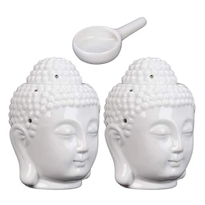 Image of Ruilasago Buddha Head Candle Oil Burner, Ceramic Translucent Statue Hollow Essential Burner Aromatherapy Diffuser Furnace Tealight Holders for Yoga Meditation Room Home Decor (2*White)