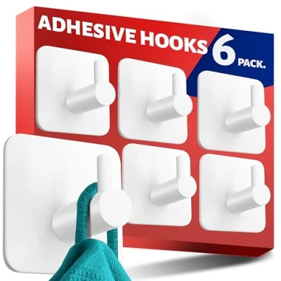 Image of Menz Self Adhesive Hooks, Set of 6 White Stick on Hooks Waterproof, Strong Sticky for Hanging Towels, Bathroom Towel Tea