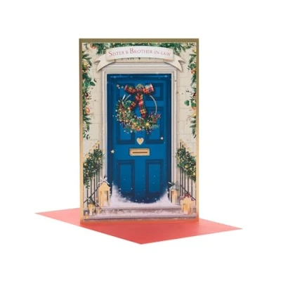 Image of UK Greetings Christmas Card for Sister &amp; Brother In Law Blue Door Design