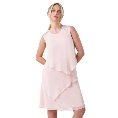 Image of Roman Petite Embellished Tiered Shift Dress for Women UK Ladies Autumn Everyday Winter Holiday Round Neckline Comfy Sleeveless Soft Knee Length Frock Night Out Gowns Baby Pink Size 12
