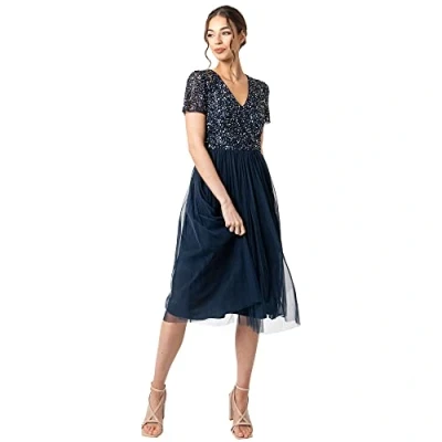 Image of Maya Deluxe Women&#039;s Embellished Midi Evening Dress Ladies V Neckline with Short Sleeve for Prom Wedding Bridesmaid, Navy, 12