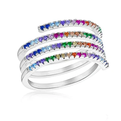 Image of Tuscany Silver Women&#039;s Sterling Rhodium Plated Multi Coloured CZ Spiral Ring #S