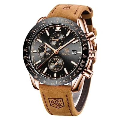 Image of BENYAR Men&#039;s Business Analog Chronograph Quartz Watch 30M Waterproof Luminous Date Display Fashion Casual Sports Multi Dunctional Leather Watch(Gold Black)